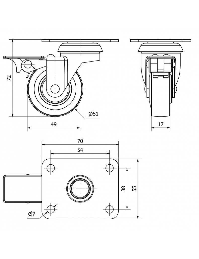 RUEDA 50 PLACA GRIS C/FRENO.