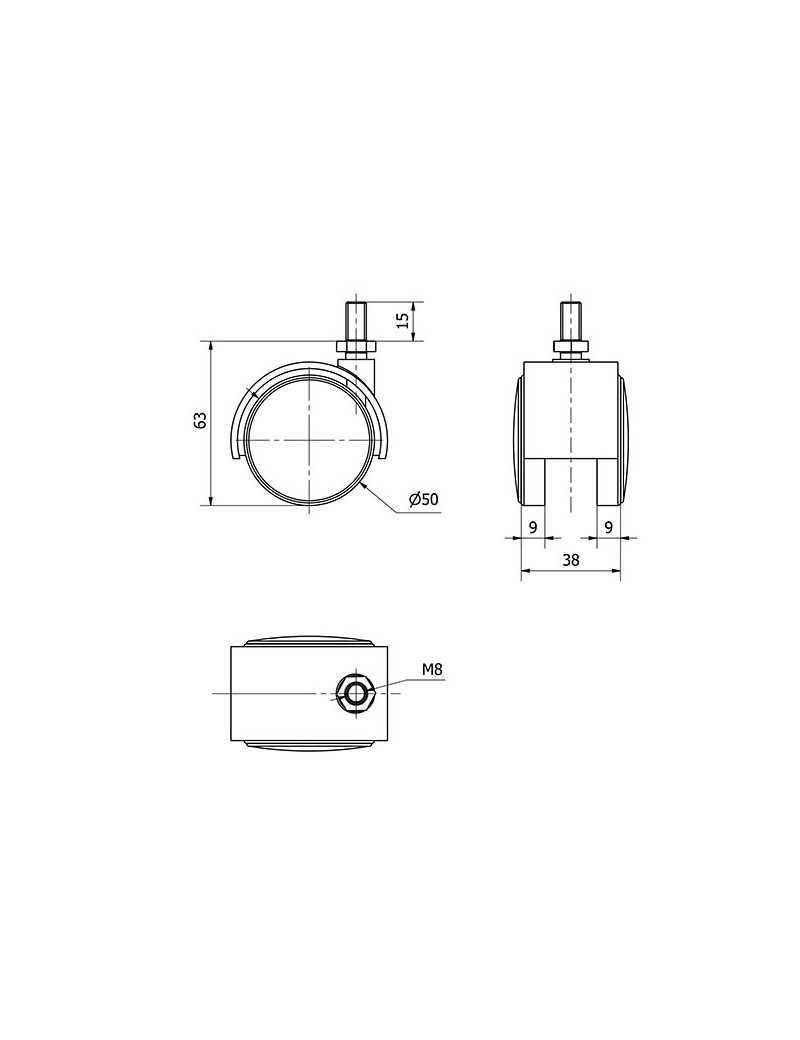 RUEDA 50 ESPIGA ROSC. M10 GRIS.